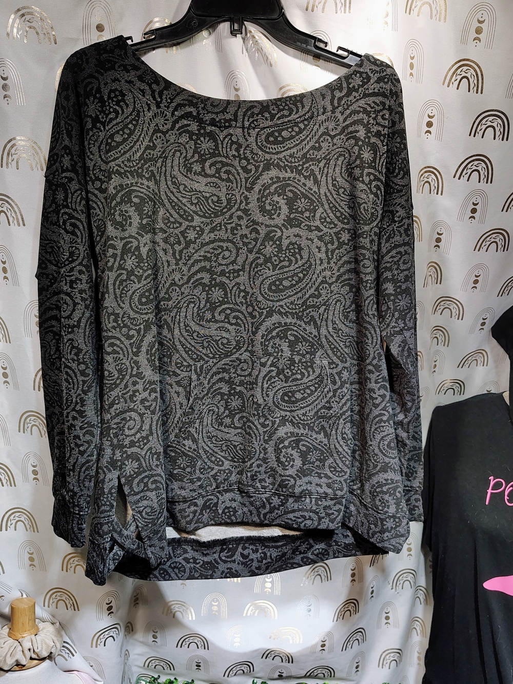 Nanette Lepore Black and Gray Paisley Long Sleeve Top